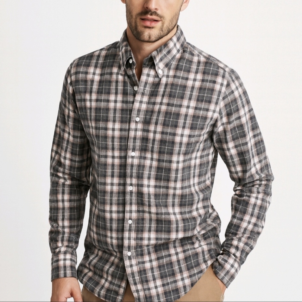 J. McLaughlin Men's Shirt Gray Tan Plaid Flannel Button Up Long Sleeve S…